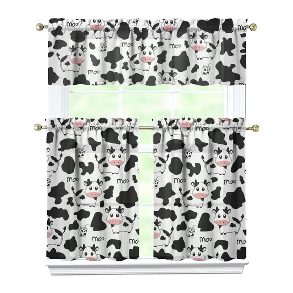 3 PCS Cow Print Kitchen Curtains Set - Farmhouse Tier Curtains with Valance (54x18 27.5x36 Inch) for Rustic Decor, Rod Pocket Window Treatment Panels for Cow Lovers