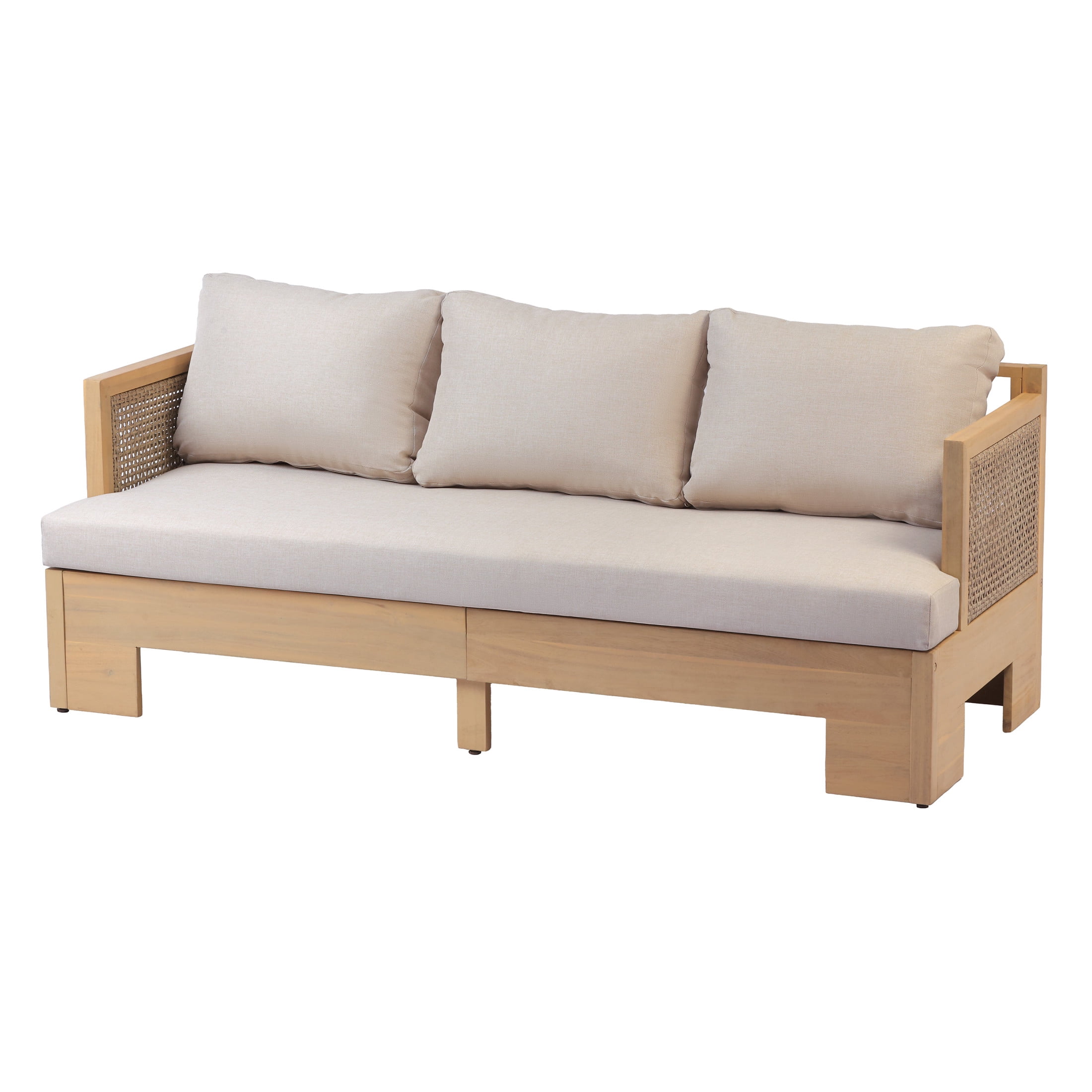 Christopher Knight Home Boho 3-Seater Outdoor Sofa, Acacia Wood Frame with Wicker Armrests, Light Teak+Beige