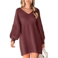 thumbnail image 2 of Women'S V-Neck Puff Sleeve Knitted Sweater Dress Autumn and Winter Casual Knitted Pullover Long Sleeve Dress Brick Red M, 2 of 9