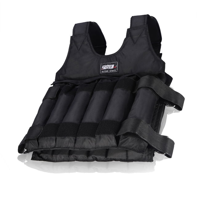 chaleco con peso anggrek chaleco con peso ajustable chaleco con peso deportivo chaleco con peso de fitness 50 kg carga máxima peso de entrenamiento Chaleco negro de entrenamiento, vista 3/4 frontal centrada con silueta de hombros anchos y panel frontal con hasta 12 bolsas para placas o arena; confección en tela Oxford de alta densidad y paneles acolchados de esponja comprimida, correas laterales ajustables, longitud aprox. 60 cm (23,6 in). Nota: chaleco vacío sin placas de acero; la arena por sí sola no alcanza 50 kg. También suele usarse para aumentar la resistencia en rutinas de fuerza y cardio.