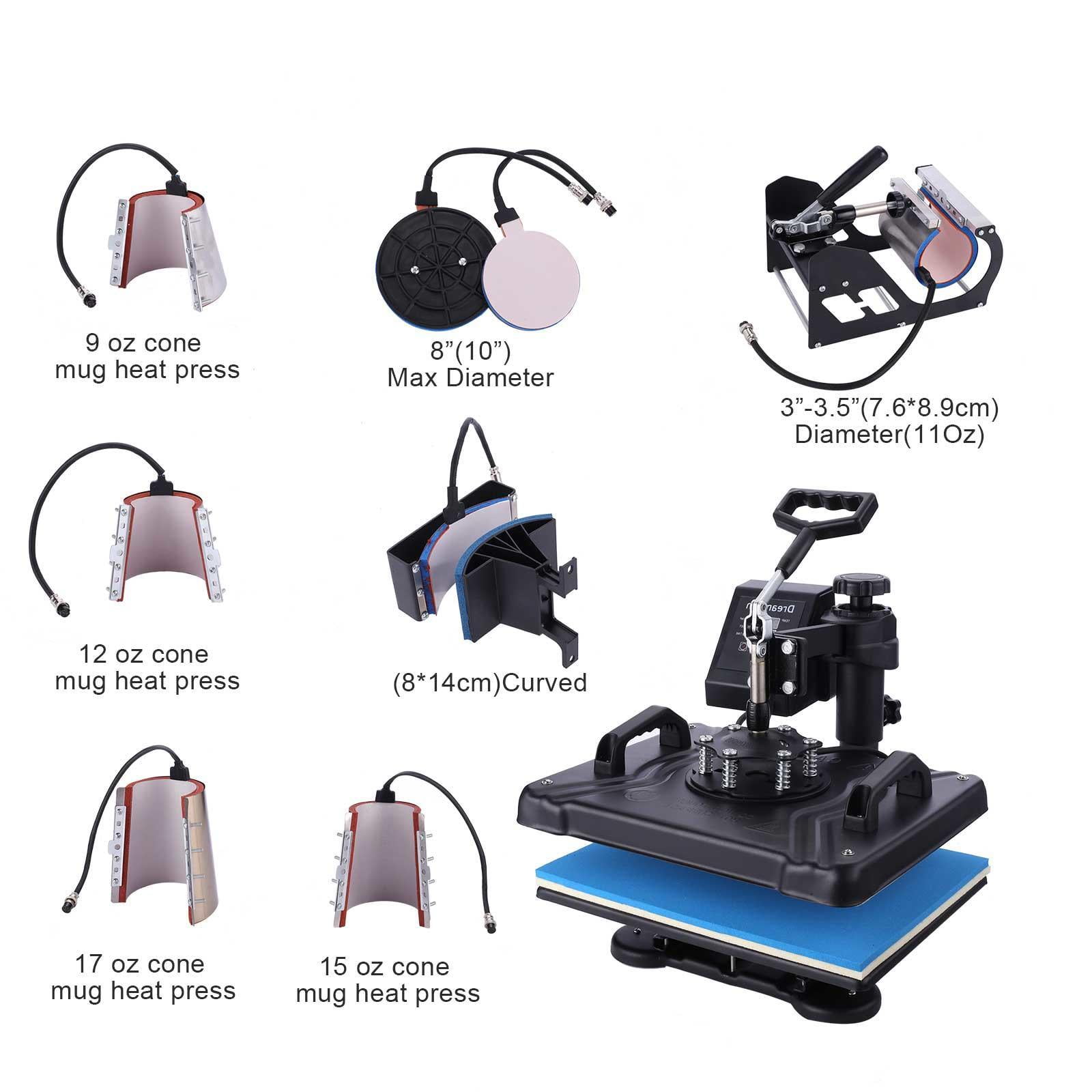 Details about   8 in 1 Heat Press Machine Swing Away Digital Sublimation T-shirt Mug Plate Hat 