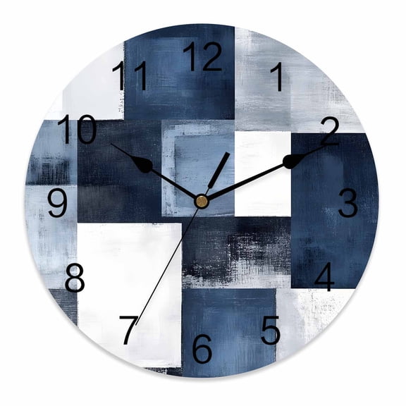 Wall Clock 12 Inch Navy Blue Grey Round Silent Decorative Wall Clocks Battery Operated for Living Room Bedroom Kitchen Classroom Decor, Ombre Modern Abstract Art,Large
