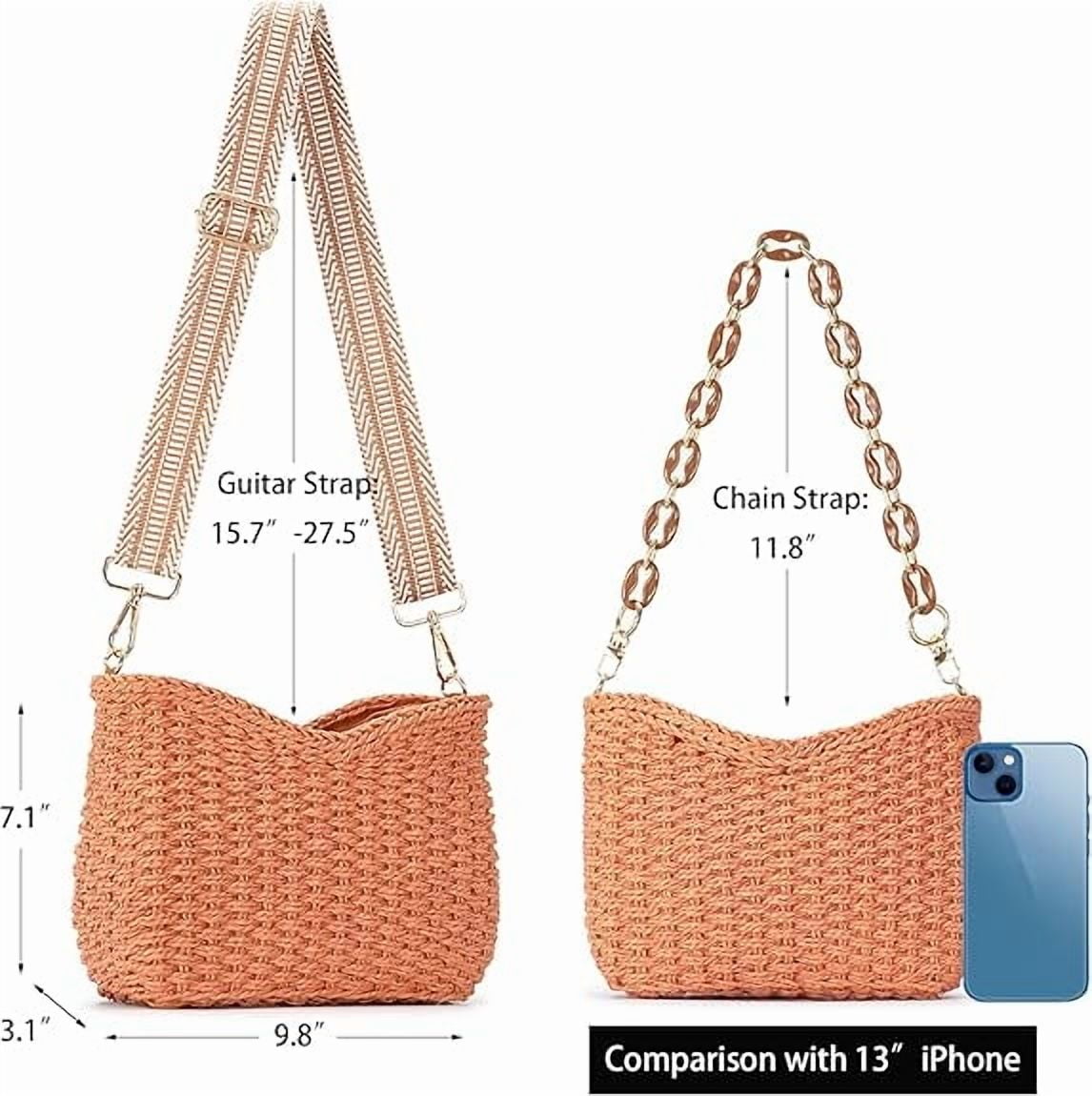 Small Handmade Straw Pocketbook Crossbody Bag for Women, Summer Chic Woven Handbag Shoulder Purse with Chain