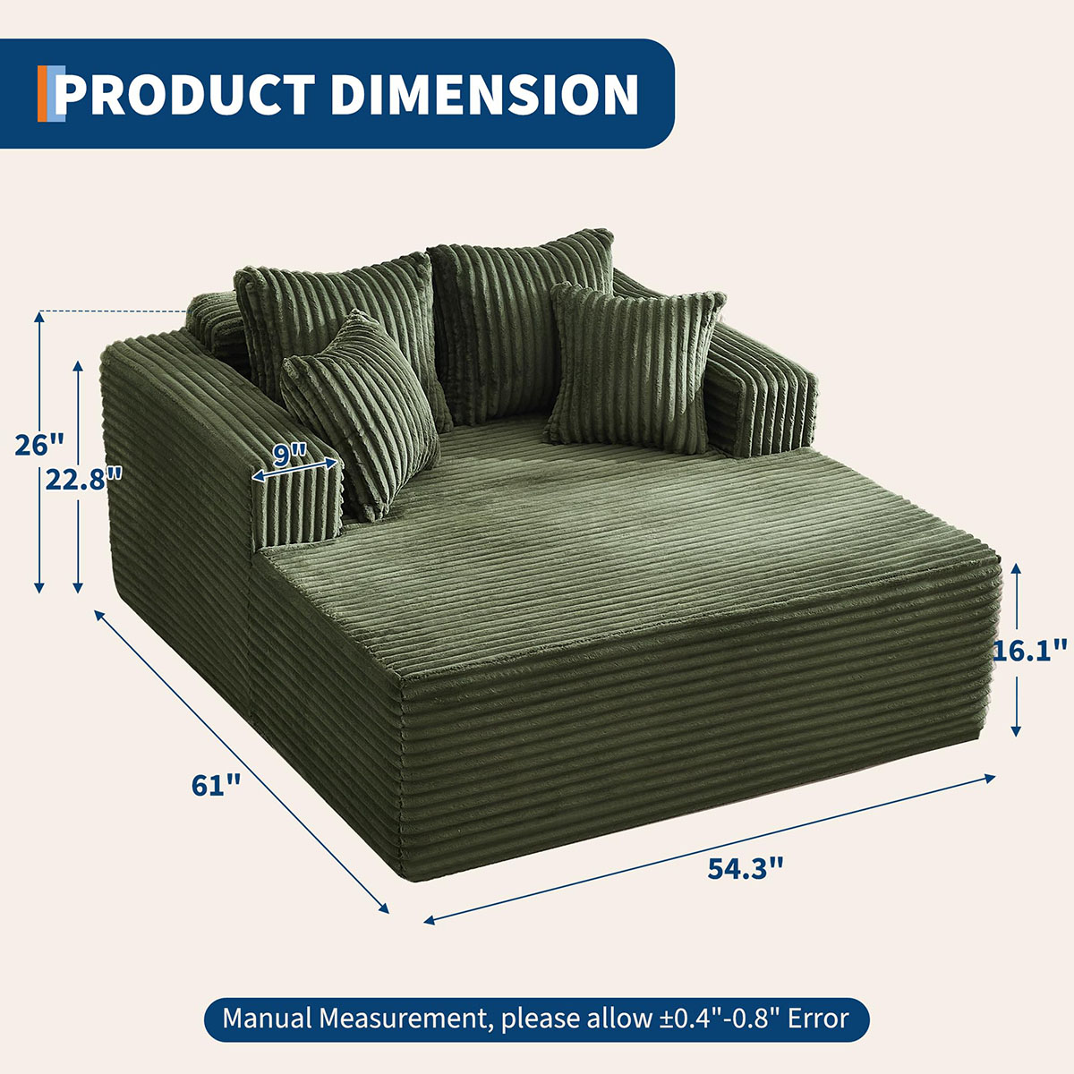 Danolapsi 54.3" Oversized Chaise Lounge,Wide Boneless Corduroy Loveseat with 4 Pillows, Armrests, Comfy Fluffy Reading Couch, No Assembly Required Deep Seat Sofa for Living Room, Bedroom, Office