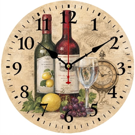 Vintage Wine Wall Clock 9.84 Inch, Round Analog Battery Operated Clock, Rustic Farmhouse Kitchen Decor Clock for Dining Room, Living Room, Wine Lover Home Decor