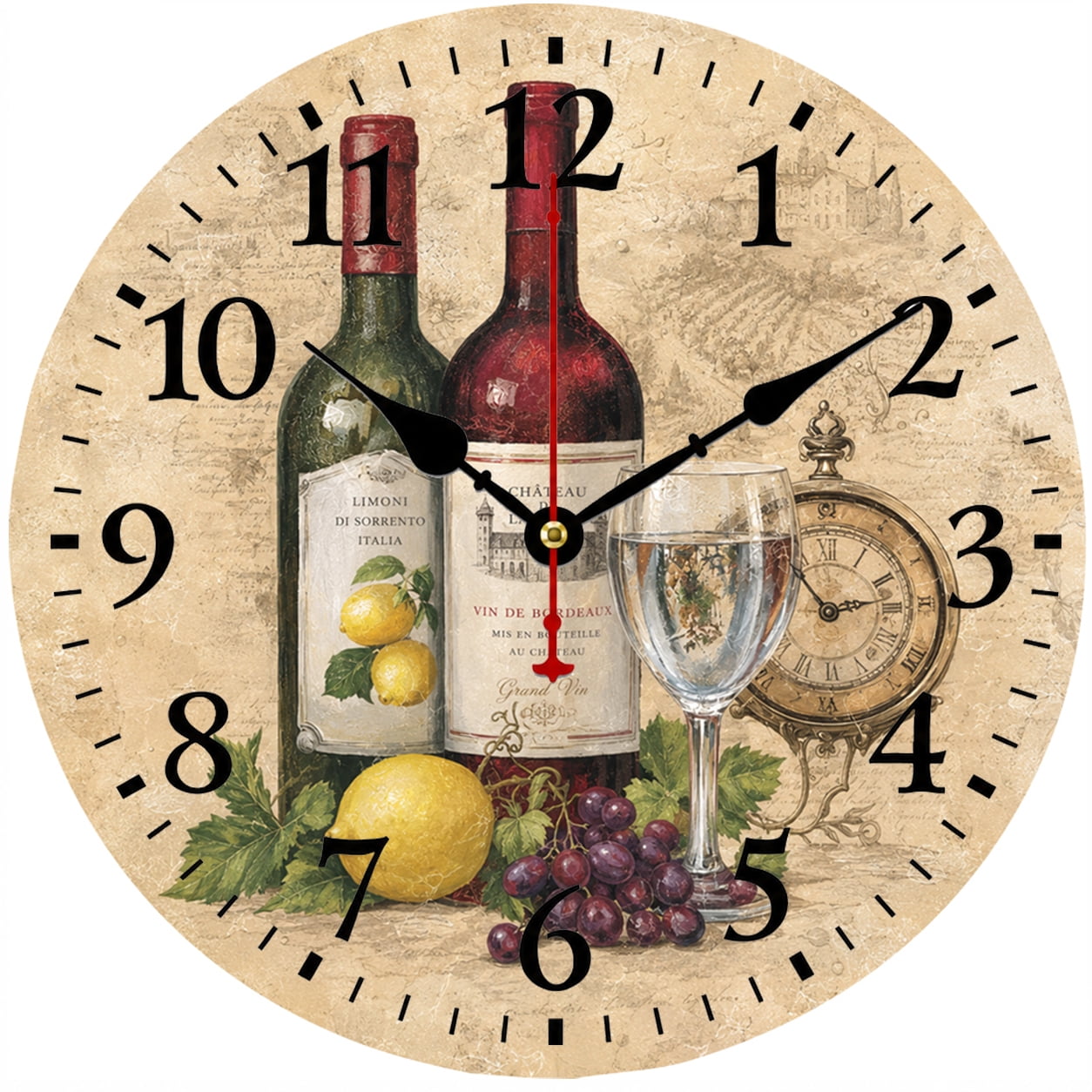 Vintage Wine Wall Clock 9.84 Inch, Round Analog Battery Operated Clock, Rustic Farmhouse Kitchen Decor Clock for Dining Room, Living Room, Wine Lover Home Decor