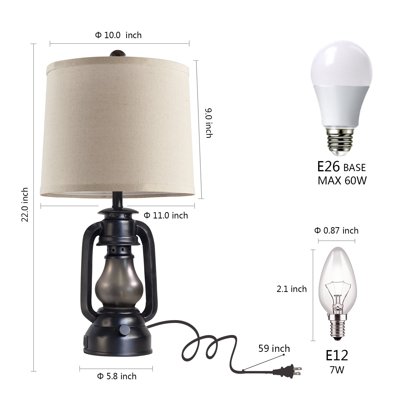 JUJUYUYOP 22" Farmhouse Lantern Table Lamp Set of Two with Dual USB Charging Ports, Suitable for Living Room or Bedroom, Includes 4 Bulbs