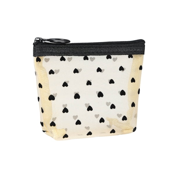 Bolsa de maquillaje de malla con estampado de corazones, bolsa de almacenamiento, bolsa pequeña portátil y transpirable con cremallera, multifuncional y de gran capacidad para estudiantes
