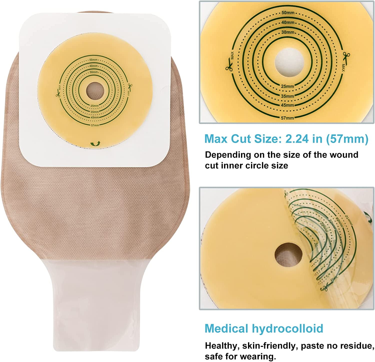 HomeBake Colostomy Bags, One-Piece Ostomy Bags for Colostomy Ileostomy  Urostomy Stoma Care, Cut to Fit(20-60mm) Ostomy Supplies with Hook and Loop  Closure, Pack of 20pcs Drainable Stoma Bags Velcro