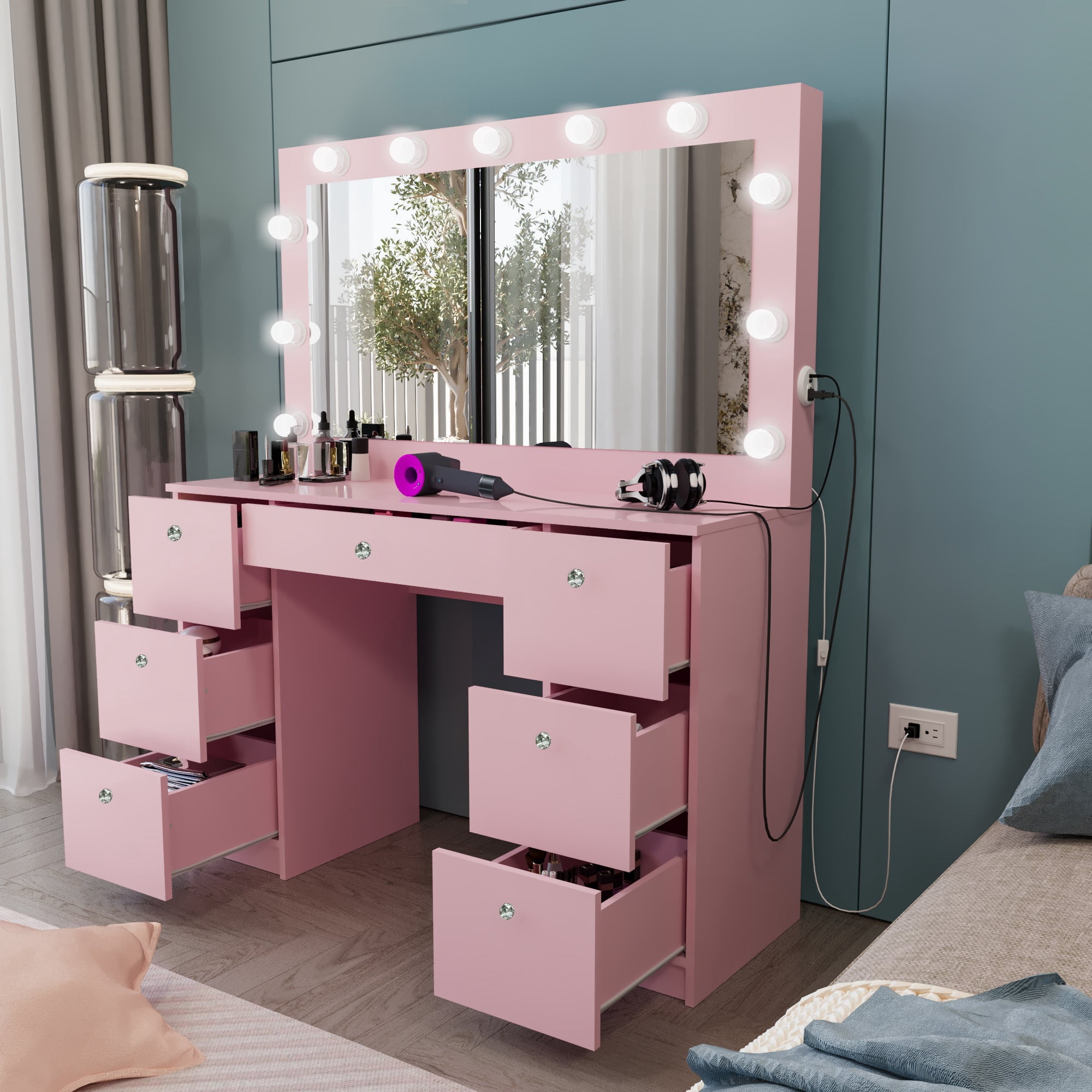 Ember Interiors Tammy Modern Large Pink Makeup Vanity Desk with Built-in Lights, Power Outlet with USB Type-C, 7 Drawers and Crystal Knobs