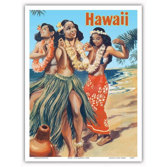 Hawaiian Hula Dancers on the Beach - Vintage Advertising Poster c.1950s - Master Art Print (Unframed) 9in x 12in