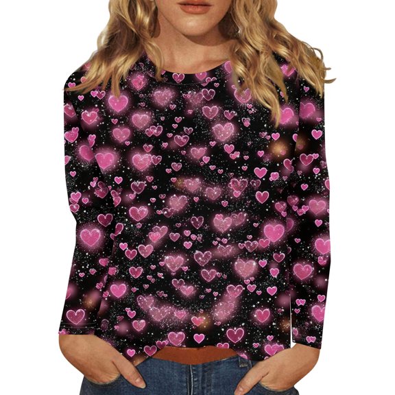 Valentine Day Shirts Womens Love Heart Print Crew Neck T Shirts Long Sleeve Cute Blouse Loose Spring Graphic Tee Dark Purple 3XL