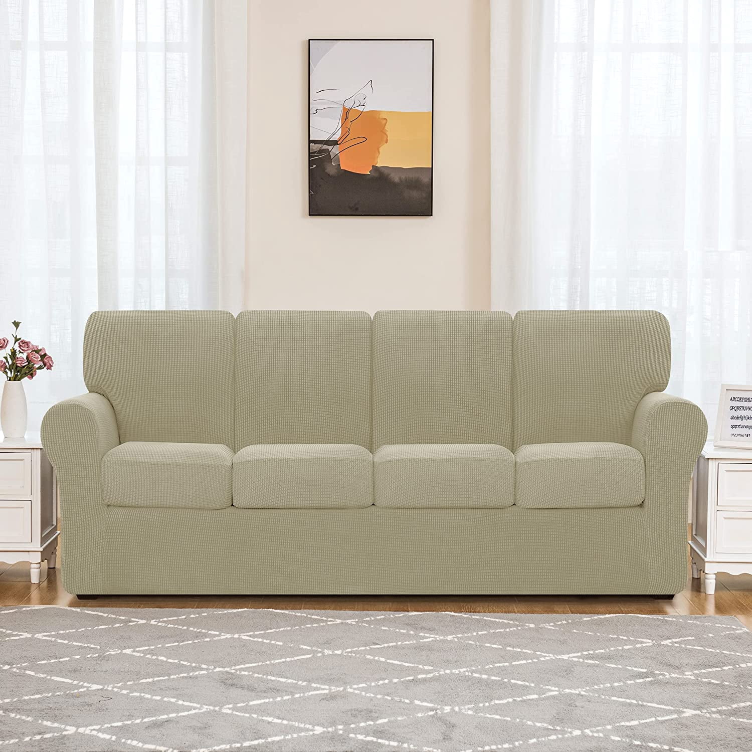 Subrtex Sofa Slipcover Sets 9 Pieces Stretch Couch Cover Backrest Cushion Covers (Oversized Sofa, Sand)