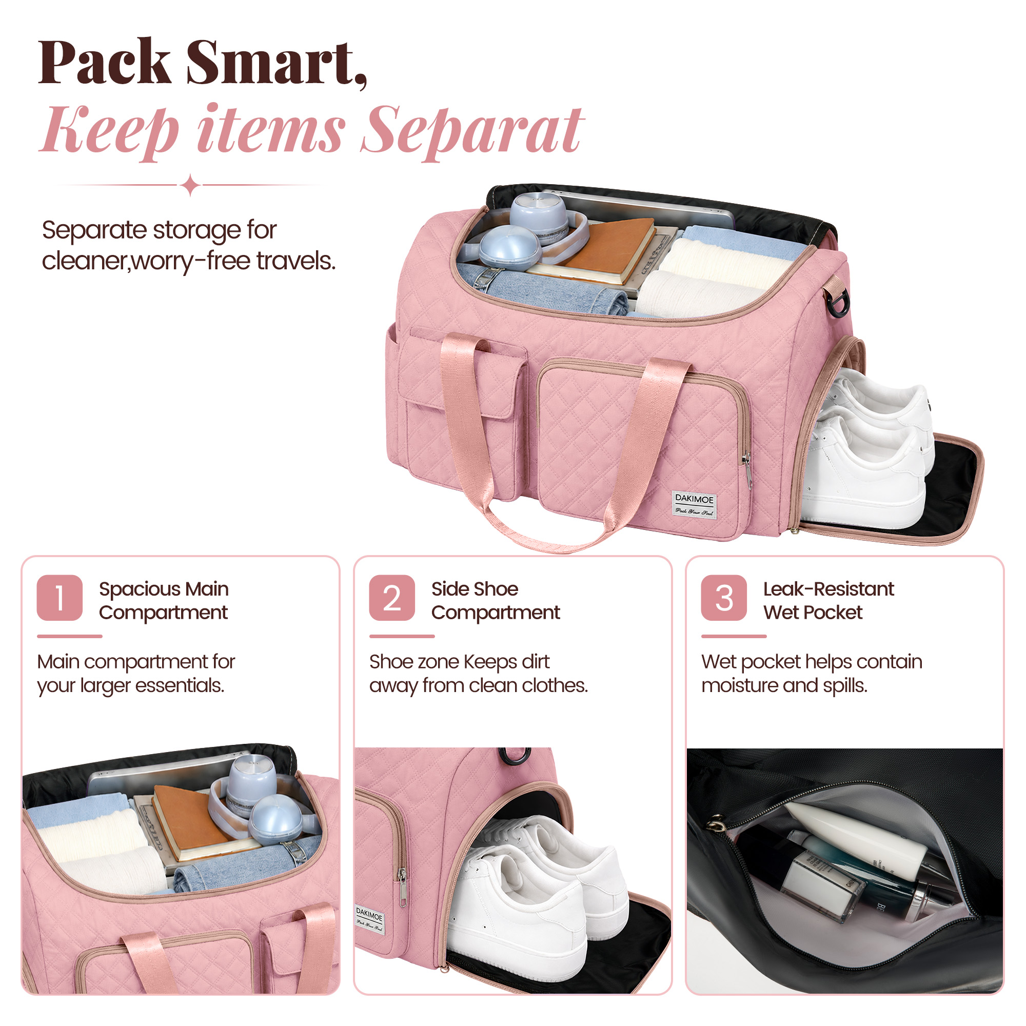 DAKIMOE Travel Duffle Bag with Wet Pocket and Shoe Compartment for Women and Men, Pink photo 5