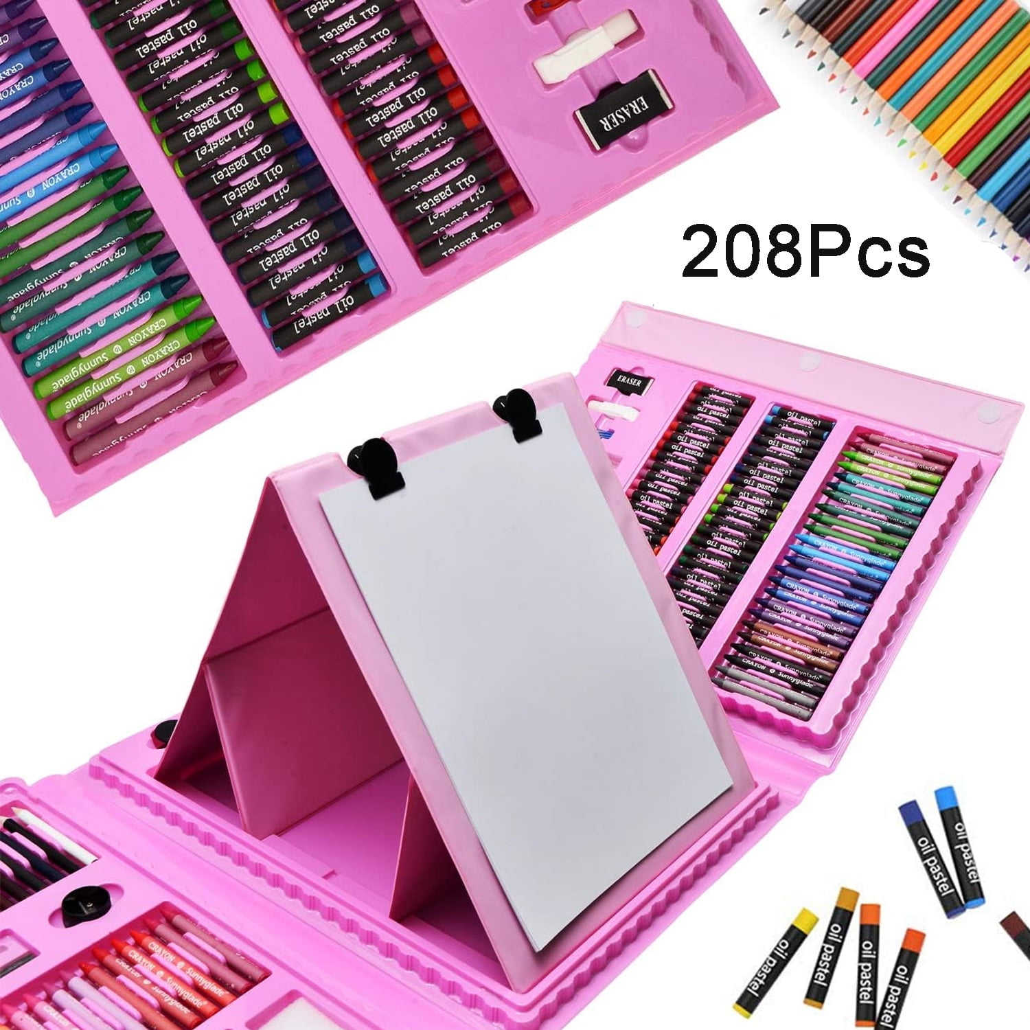 208 Pieces Double Sided Trifold Easel Art Set, Drawing Art Box with Oil Pastels, Crayons, Colored Pencils, Paint Brush, Watercolor Cakes, Drawing Board (Pink)