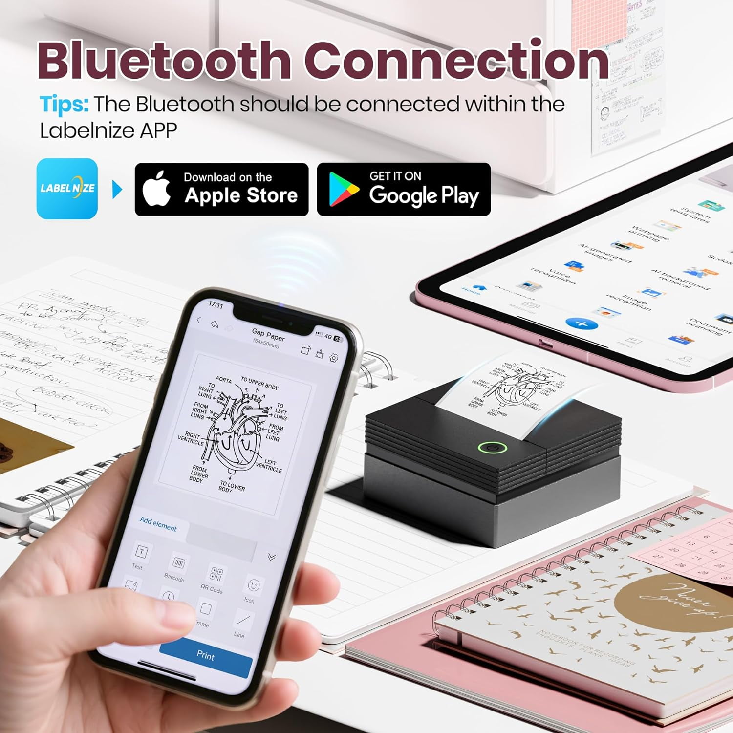 PM290C Portable Sticker Printer, inkless Bluetooth mini printer with 3 paper rolls. For notes, journaling, DIY. Ideal gift for school, office, Christmas. Black