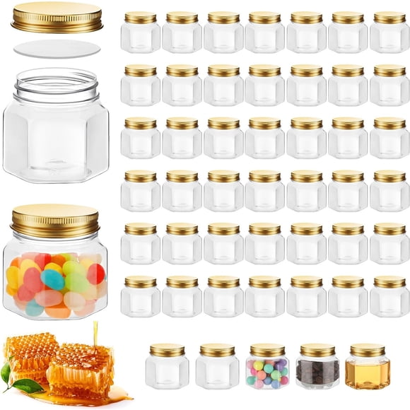 50 Pcs 3 oz Hexagon Plastic Jars with Lids Mini Small Wide Mouth Honey Jars for Party Wedding Favors, Baby Shower, DIY Gift, Spice, Jelly, Herb, Jams, Candy(Gold)
