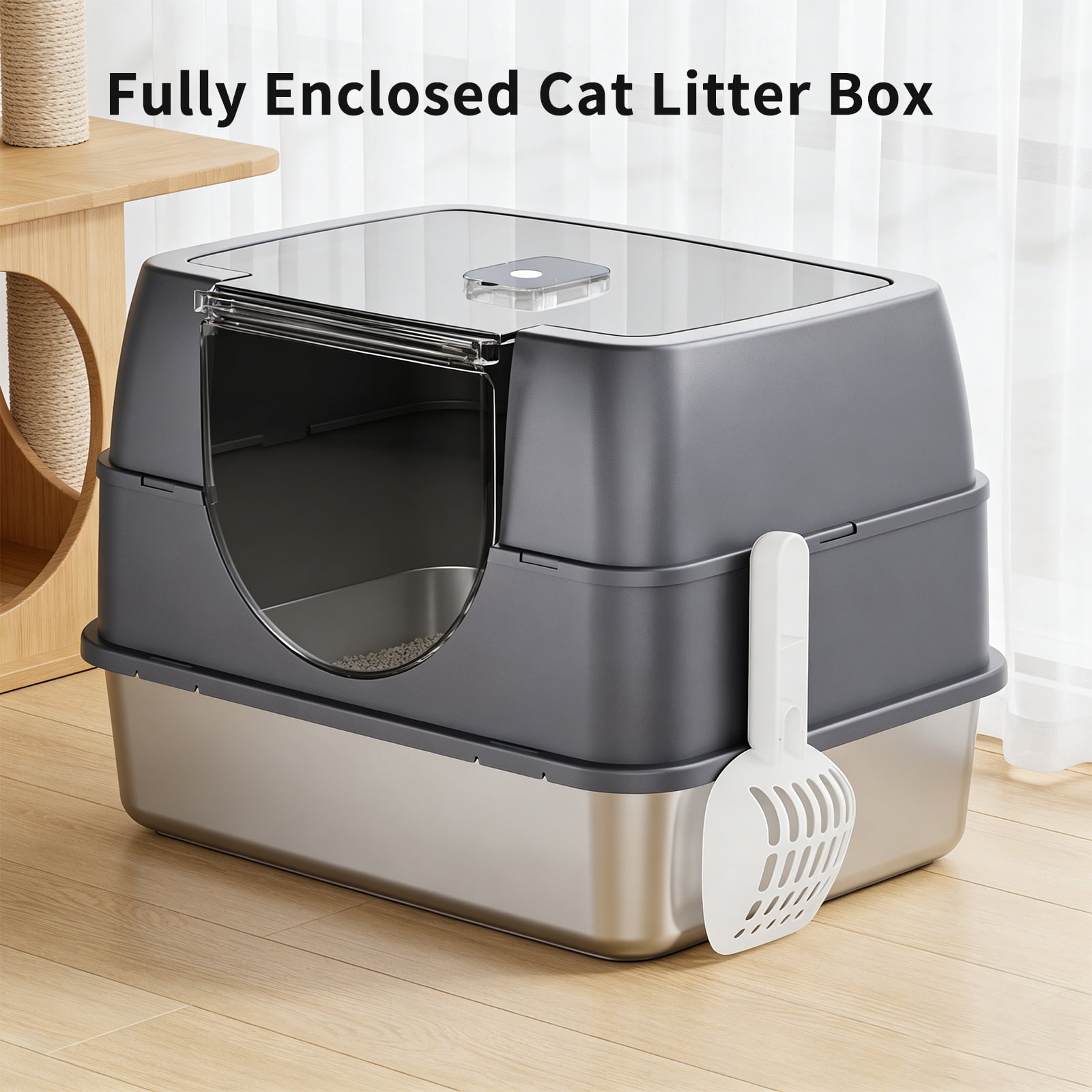 Enclosed Cat Litter Box with Scoop, Side Entry Cat Litterbox for Kitty & Multi-Cat, Anti-Leakage, Non-Sticky (Gray)