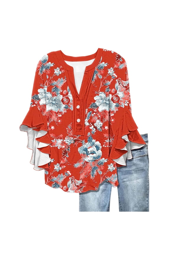 3/4 Sleeve Tees for Women, Women's 3/4 Sleeve Plus Size Tops and Blouses with Ruffle Cuffs, Floral Print, Functional Button Front V-Neck Summer Tops Soft Comfy Loose Casual Blouse Shirts, MR-8, XXL