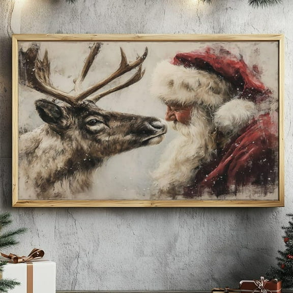 Reindeer And Santa Face To Face Poster, Santa Claus Print, Vintage Christmas Decor, Rustic Farmhouse Decor, Christmas Art, Winter Landscape- Wall Art Print, 8x12 UNFRAMED