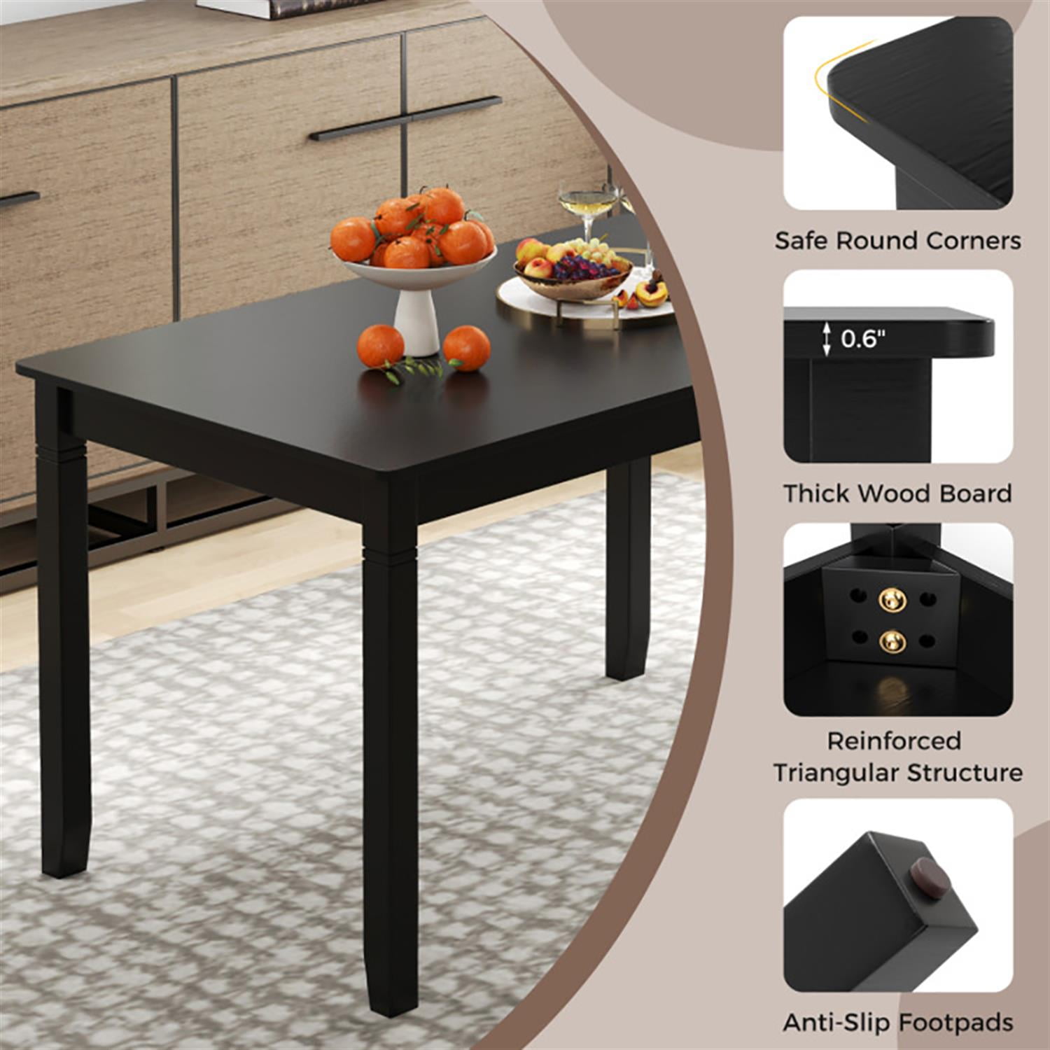 Demi Bonn 48" Dining Table with Rubber Wood Legs, Kitchen Table for 2-4 People, Rectangular Dinner Table for Home Office, Living Room Furniture, Black