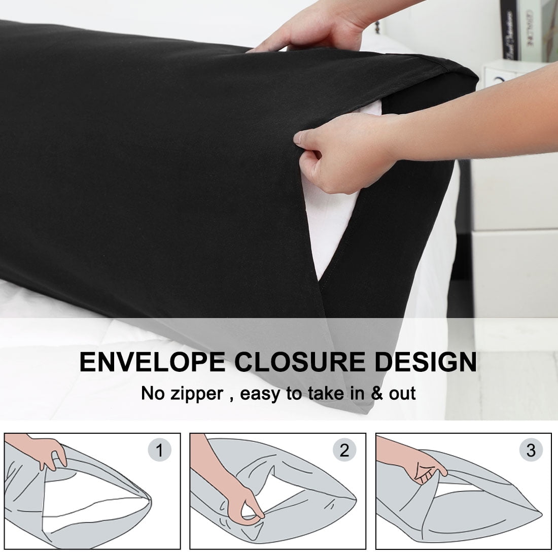 Unique Bargains 2 Packs Microfiber Solid Body Pillow Cover Black 20" x 54"