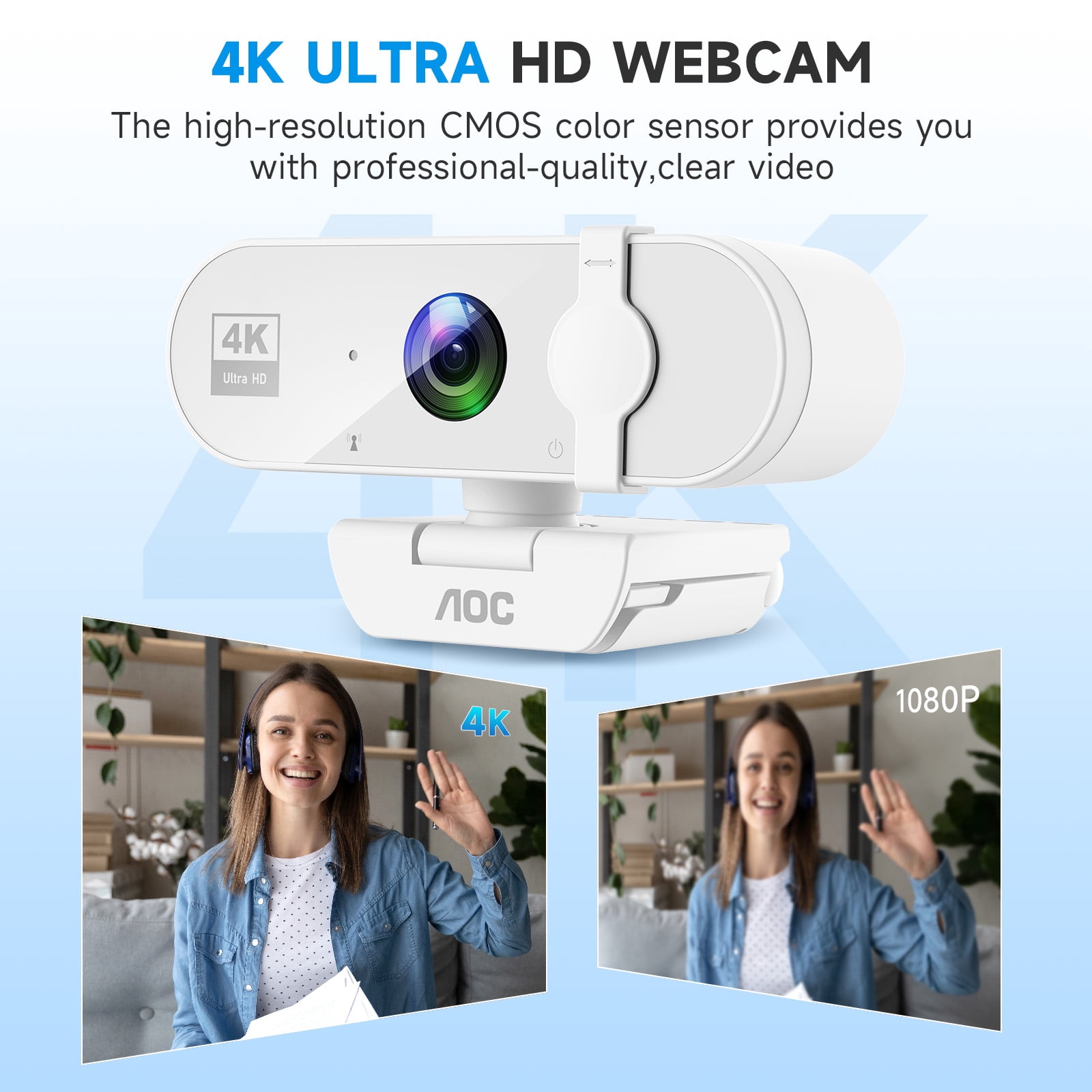 AOC 4K Webcam for PC with Noise Canceling Mic, Privacy Cover, 99° FOV, USB Plug and Play Computer Camera for Laptop Streaming Office, White