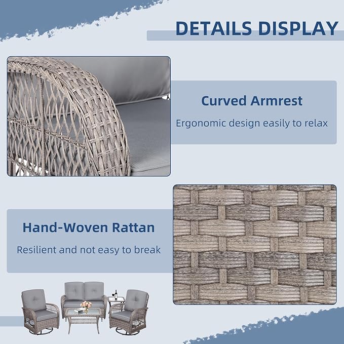 SOCIALCOMFY 5-Piece Wicker Patio Furniture Sets Outdoor All-Weather Rattan Conversation Set Includes Glider Loveseat, 2 Glass-Top Coffee Tables, 2 Swivel Rocking Chairs for Porch Backyard, Gray