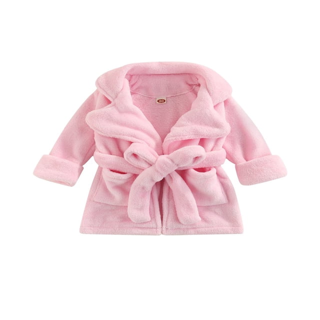POINTERTECK Kids High-Quality Flannel Bathrobe Lightweight Solid Color/Leopard Print Pocket Robe with Belt Warm Skin-Friendly