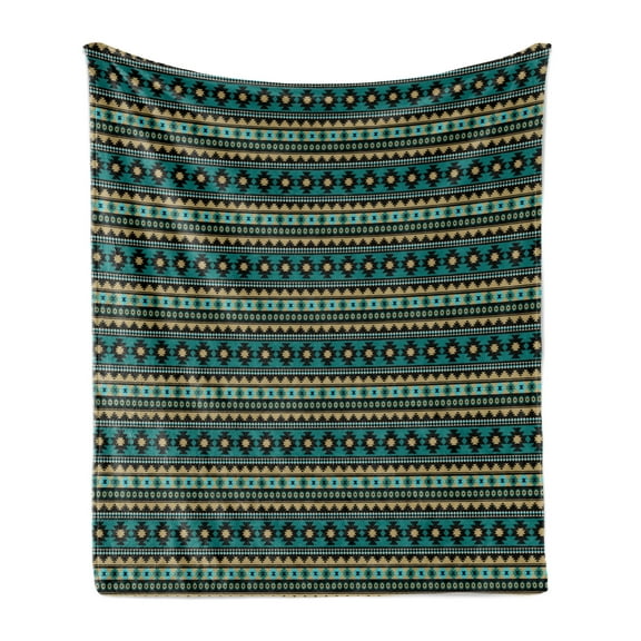 Teal Stripe Soft Flannel Fleece Blanket, Ethnic Illustration of Aztec Inspired Elements Designed Horizontally, Cozy Plush for Indoor and Outdoor Use, 60" x 80", Multicolor and Teal, by Ambesonne