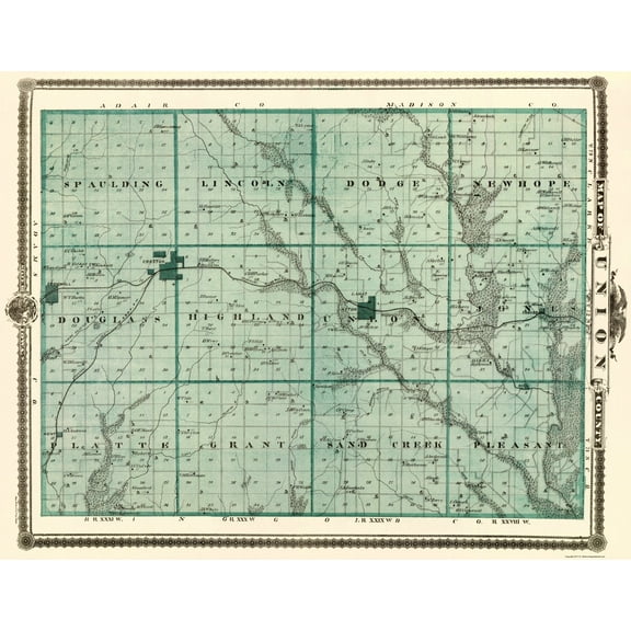 Historic County Map - Union County Iowa - Andreas 1874 - Vintage Wall Art