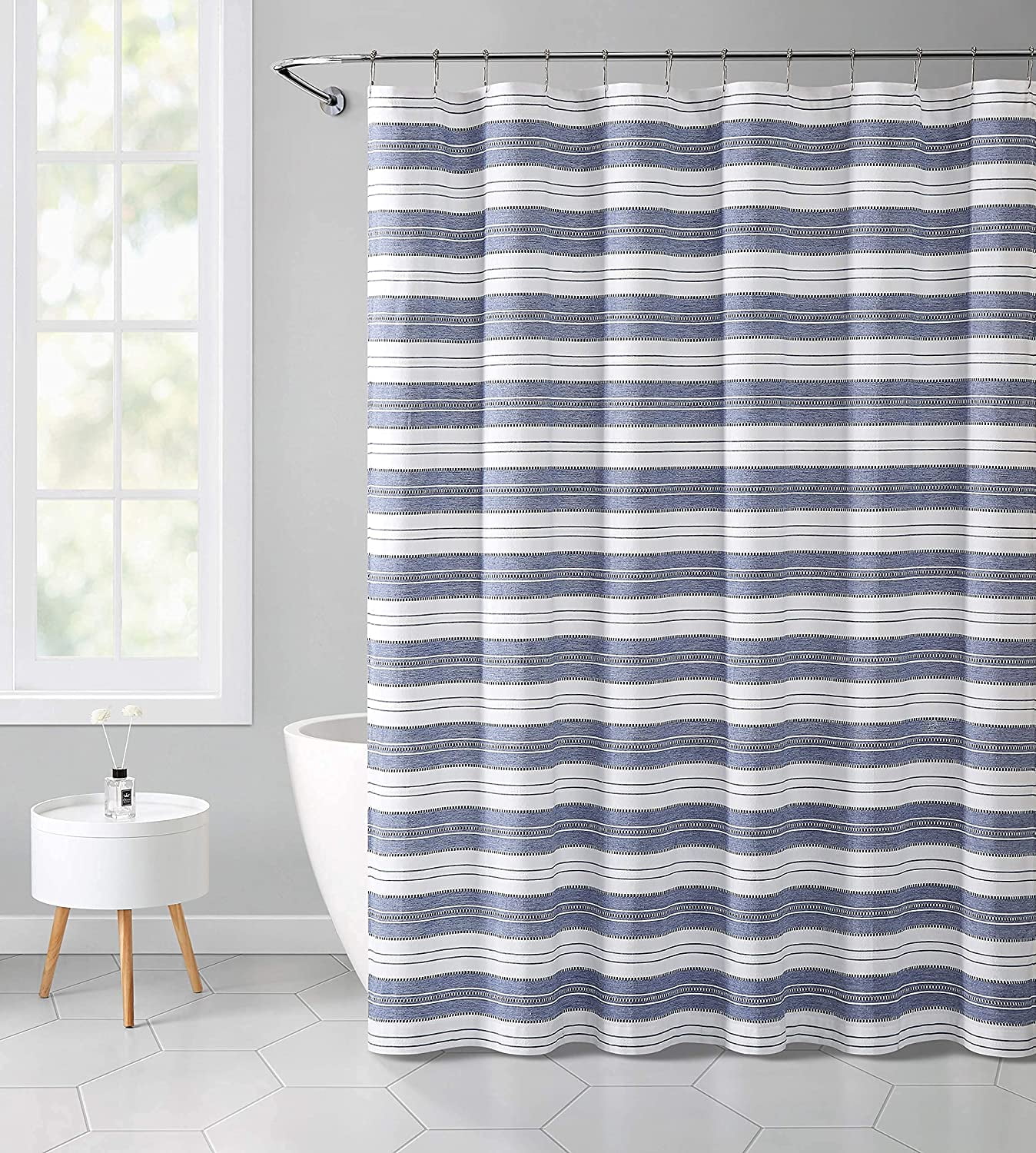 Serafina Home Chambray Blue and White Fabric Shower Curtain Striped