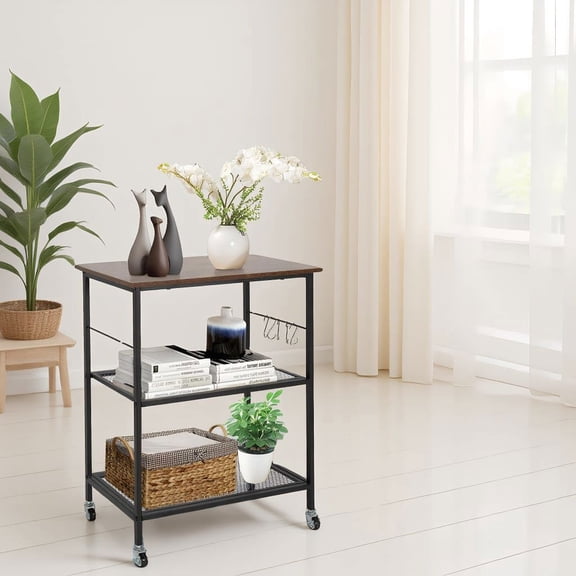 Barara King Baker's Rack, Microwave Stand,Bun Pan Sheet Rack, Kitchen Storage Shelf Rack,3-Tier Kitchen Serving Cart Utility Standing Microwave Rack with Hooks Brown