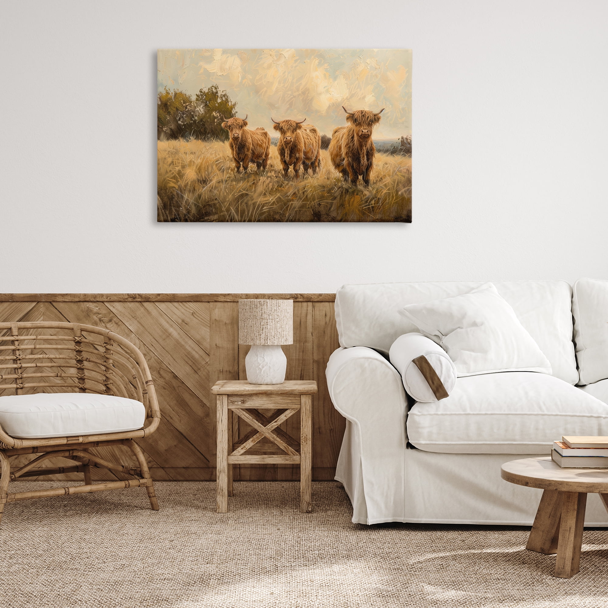 Stupell Industries Three's A Party Cattle Animals & Insects Painting Gallery Wrapped Canvas Art Print Wall Art, 36 x 24