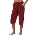 thumbnail image 3 of Capreze Women Capris Pants Solid Color Casual Loose Palazzo Trousers Buttons Decor Cotton Linen Pajama Bottoms, 3 of 5