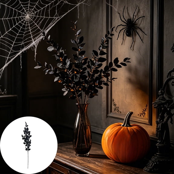 Gothic Halloween Artificial Black Leaf Branch Picks, Bendable Stem Faux Black Foliage Sprigs, Waterproof Plastic Vase Filler Stems for Spooky Floral Arrangement Indoor Outdoor Halloween Decorations
