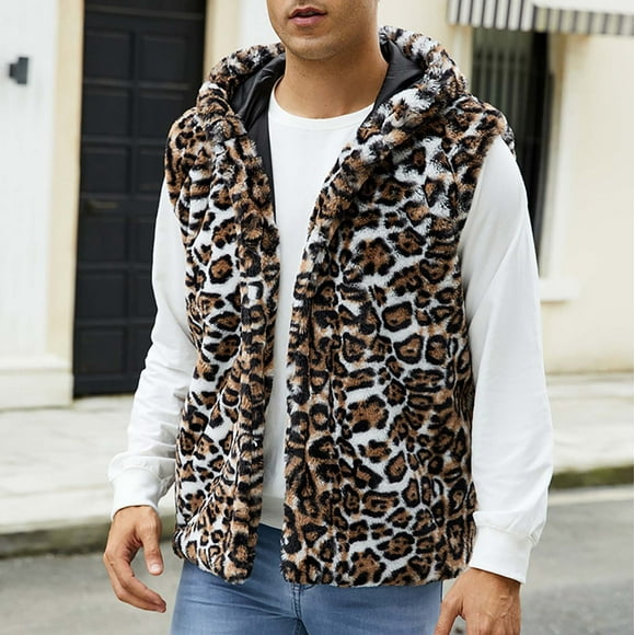 Pisexur Jackets for Men,Mens Warm Faux Furry Long Coat Jacket Winter Print V-neck Outerwear Coffee,M