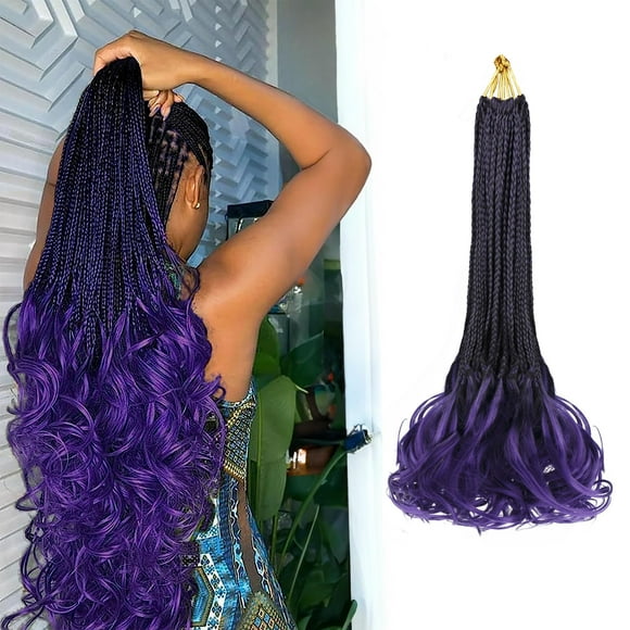 French Curl Crochet Braids for Black Women-18 Inches 8 Packs Goddess Box Braids,Ombre Purple Soft Pre Looped Braided Synthetic Hair Extensions with Curly Wavy Ends(18""-8 Packs,T1B/Purple)