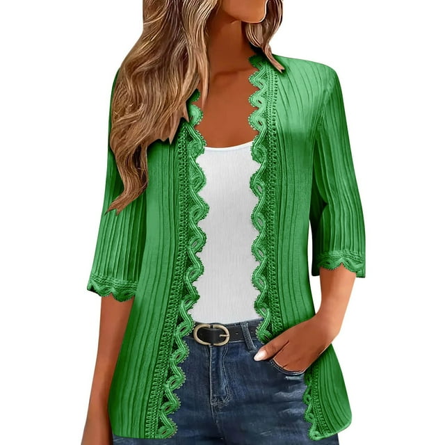 Ohufall Womens Lace Cardigans Baggy 3/4 Sleeve Comfy Solid Cardigans Tops Fashion Open Front Cardigans