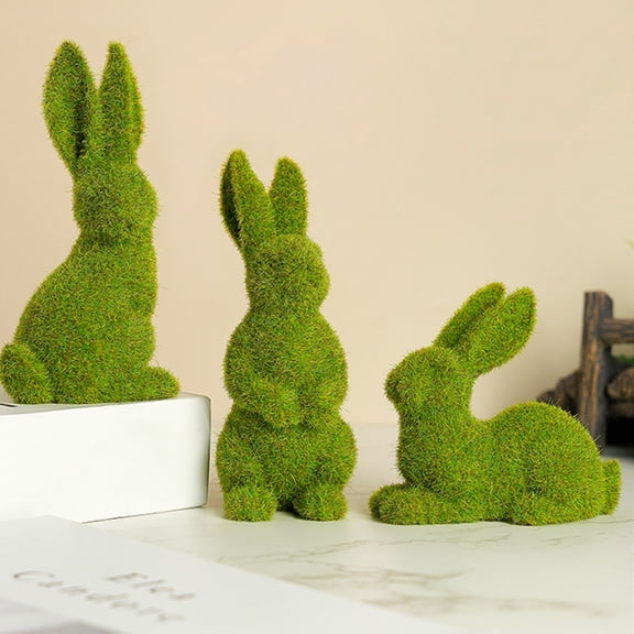 Beautynvta Easter Bunny Decor, 3 Pcs Green Flocking Bunny Figurines, Resin Moss Bunny Statue, Artificial Moss Rabbit Ornament for Indoor Table Home, Kitchen, Shelf Decorations