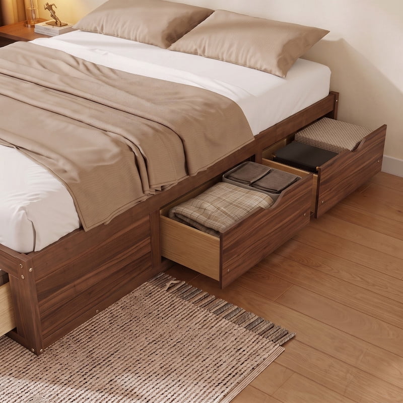 Queen/King Size No Box Spring Required Platform Bed with No Headboard, Wooden Storage Bed Frame with 6 Drawers