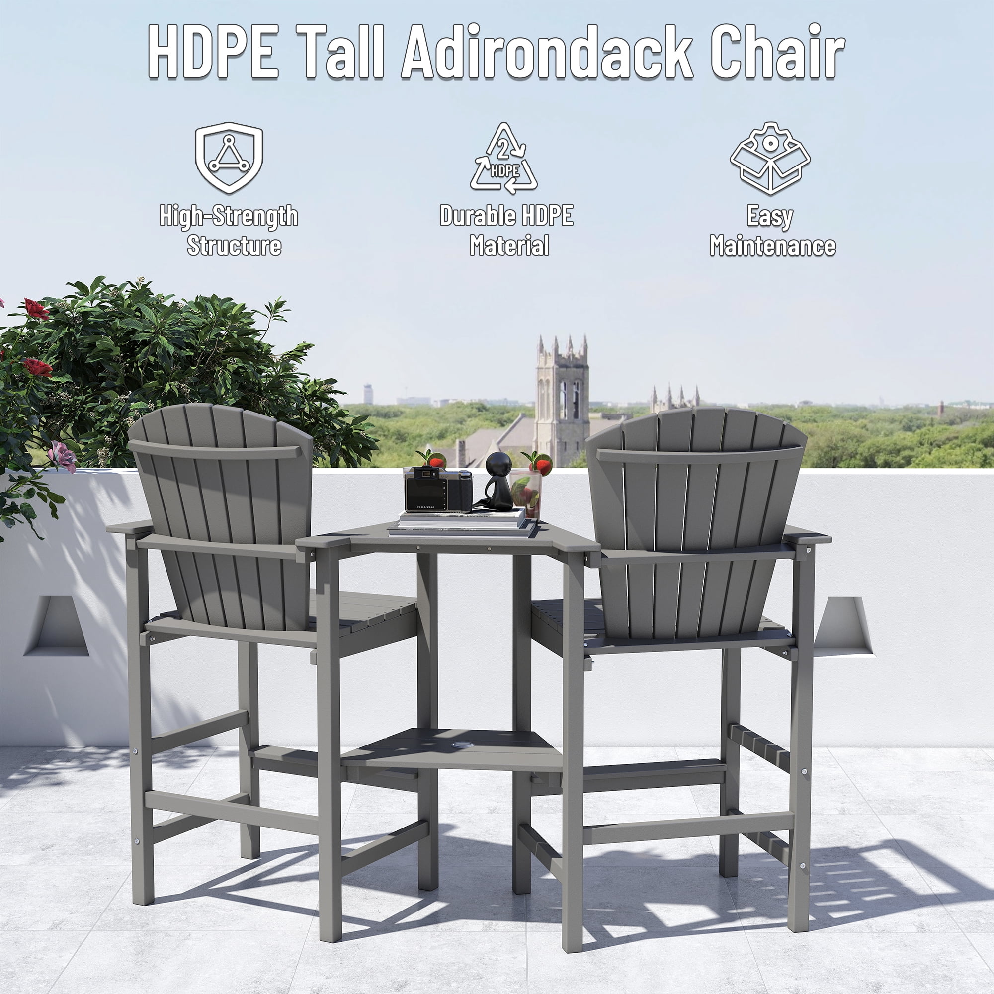 Tall Adirondack Chair Set of 2, HDPE Balcony Chair with Double Connecting Tray, Outdoor Weather Resistant Adirondack Chair, Gray