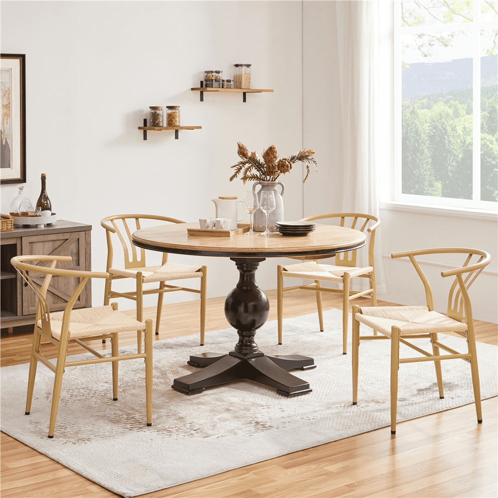 Alden Design Set of 4 Mid-Century Weave Dining Chairs with Solid Metal Frame, Wood