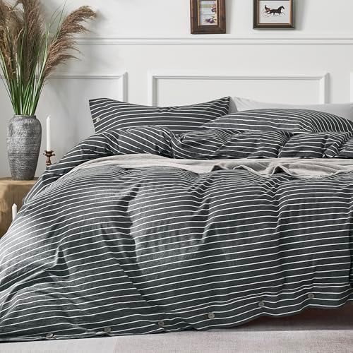 Cotton Duvet Cover Queen Size - Gray Pinstriped Comforter Cover with Button 100% Washed Cotton 3PCS Breathable Soft Solid Bedding Set Duvet Cover 90×90in & 2 Pillowcases (NO Comforter)