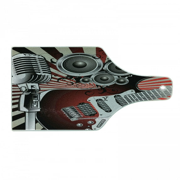 Music Cutting Board, Music Old Fashioned Speaker Loudspeaker Geometrical Striped Background, Decorative Tempered Glass Cutting and Serving Board, Wine Bottle Shape, Burgundy Beige Grey, by Ambesonne