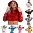thumbnail image 3 of Kiplyki Hoodies Women's Bright Leather Leaky Umbilical Long Sleeve Hooded Pullover Short Sweater, 3 of 3