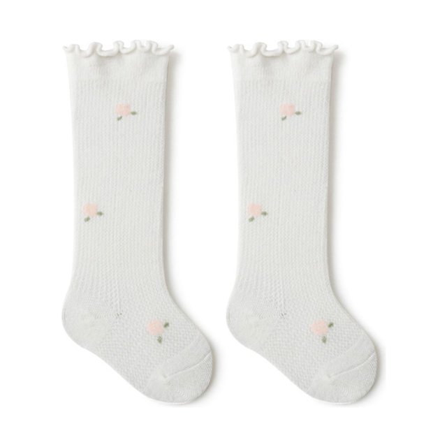 Trayknick 1 Pair Toddler Socks Flower Pattern Wear Resistant Cotton Mini Floral Print Ruffled Baby Knee Length Socks Baby Supplies