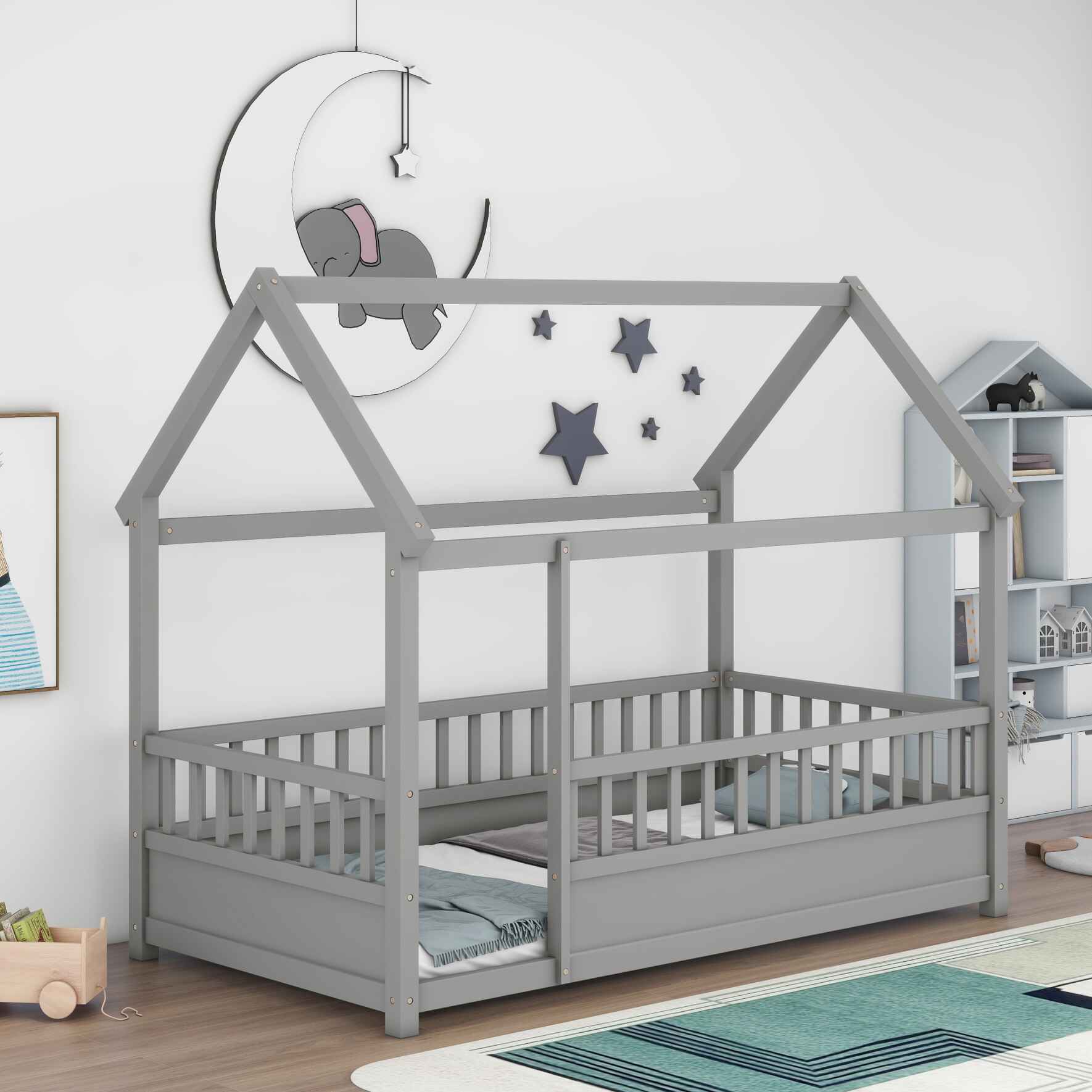 Twin Size Floor Bed with Wooden House Roof & Safety Guardrails for Kids - Sturdy Pine Construction, Grey (Multiple Color Options)