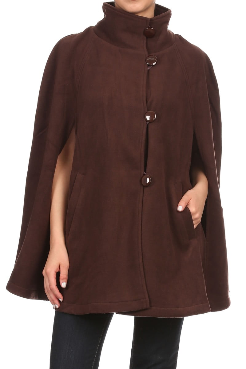 Winter Soft Fleece Button Cape Poncho Coat with Pockets BROWN