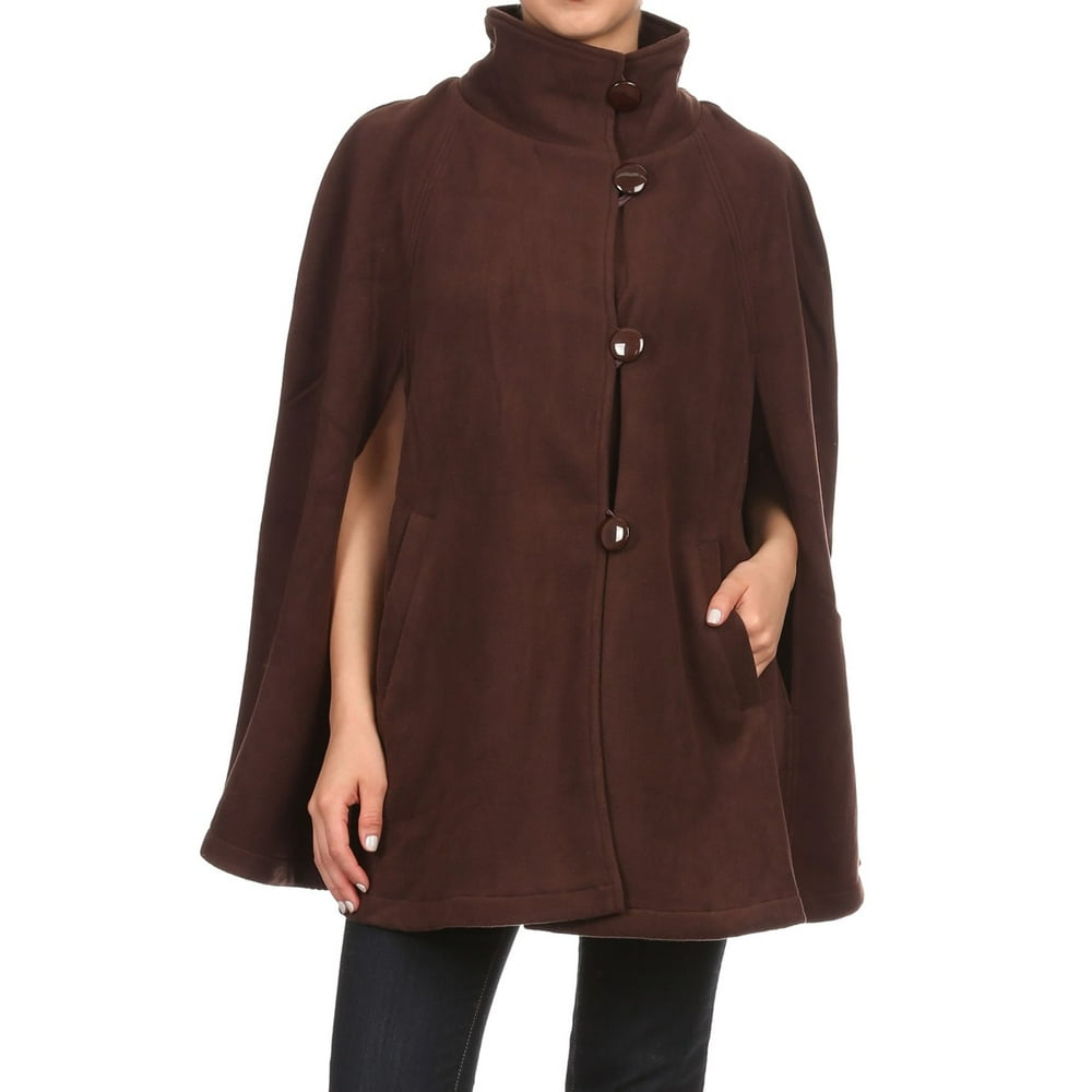 Winter Soft Fleece Button Cape Poncho Coat with Pockets - BROWN ...